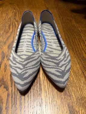Rothy's Gray Zebra-Print Pointed Toe Flats with Blue Trim